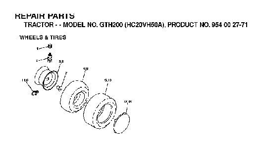 Wheels And Tires Diagram and Parts List for GTH200 (HC20VH50A, 954002771)(1996-04) Husqvarna Lawn Tractor
