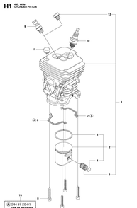 Cylinder Piston Diagram and Parts List for 445E 20103600001-20112700000 Husqvarna Chainsaw