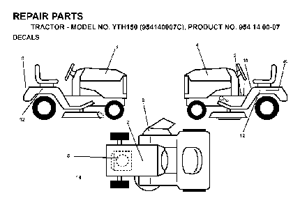Decals Diagram and Parts List for YTH150 (954140007C, 954140007)(1997-01) Husqvarna Lawn Tractor