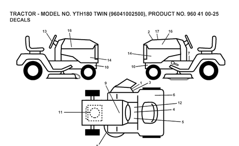 Decals Diagram and Parts List for YTH180 (96041002500)(2007-02) Husqvarna Lawn Tractor