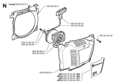 Starter Diagram and Parts List for 371XP 19991800001 & Above Husqvarna Chainsaw