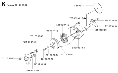 Starter Diagram and Parts List for 155B (20014000001-20041499999)(2001) Husqvarna Leaf Blower / Vacuum