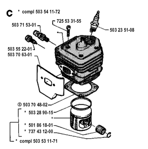 Cylinder Piston Diagram and Parts List for 262XP 19942300001-19960100000 Husqvarna Chainsaw