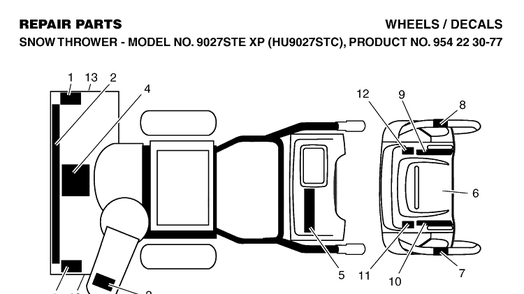 Decals Diagram and Parts List for 9027STE (HU9027STC)(2004-07) Husqvarna Snow Blower