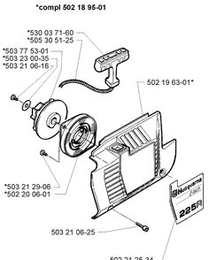 Recoil Starter Assembly Diagram and Parts List for 225 (Lite)(106252061)(1998-12) Husqvarna Trimmer