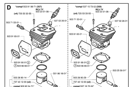 Cylinder Piston Diagram and Parts List for 359 20010100001-20014000000 Husqvarna Chainsaw