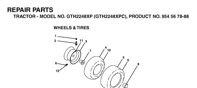 Wheels And Tires Diagram and Parts List for GTH2248XP-GTH2248XPC 2003-07 Husqvarna Lawn Tractor