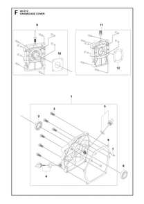 Crankcase Cover Diagram and Parts List for HH212547142601 547180501, 587953201, 587953202, 599348659, 599349467 Husqvarna Engine