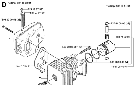 Cylinder, Piston And Muffler Diagram and Parts List for 326HD75 (X-SERIES)(20030100001-20062700000) Husqvarna Hedge Trimmer