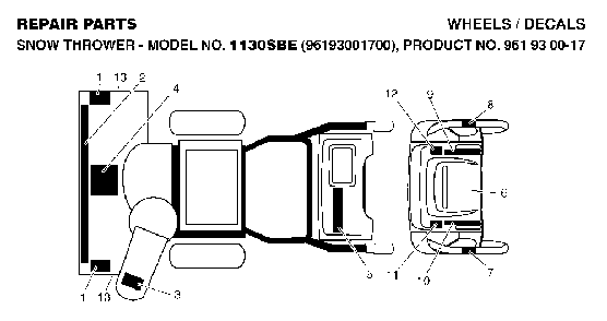 Decals Diagram and Parts List for 1130SBE (96193001700, 961930017)(2006-08) Husqvarna Snow Blower