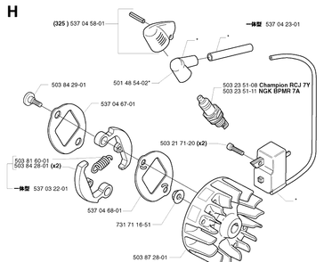 Ignition System And Clutch Diagram and Parts List for 325RX 20001900001-20010500000 Husqvarna Brush Cutter