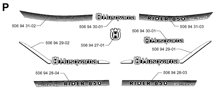 Decals Diagram and Parts List for R850HST 1998-03 Husqvarna Lawn Tractor