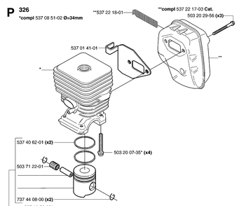 Cylinder, Piston And Muffler 2 Diagram and Parts List for 323R 20070100001-20144900000 Husqvarna Brush Cutter