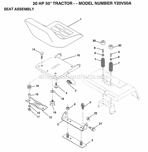 20 Hp 50" Seat Assembly Diagram and Parts List for Y20V50A 1994 Husqvarna Lawn Tractor