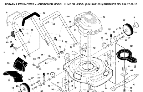 Frame And Engine Diagram and Parts List for J55S (9541702-18)(2004-01) Husqvarna Lawn Mower