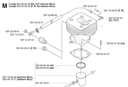 Cylinder Piston Diagram and Parts List for 343R 20031800001-20043100000 Husqvarna Brush Cutter