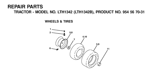 Wheels And Tires Diagram and Parts List for LTH1342 (954567031-B)(2000-12) Husqvarna Lawn Tractor