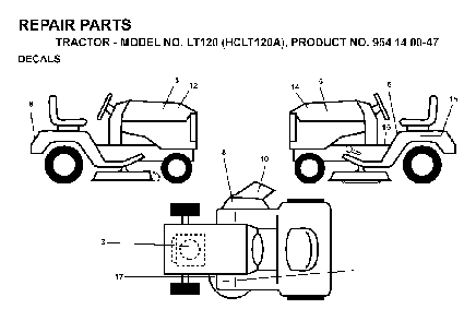 Decals Diagram and Parts List for LT120 (HCLT120A, 954140047)(1998-01) Husqvarna Lawn Tractor