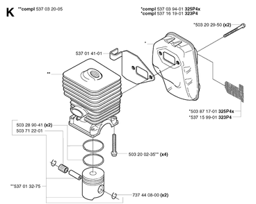Cylinder Piston Diagram and Parts List for 323P 20020100001-20021800000 Husqvarna Pole Saw