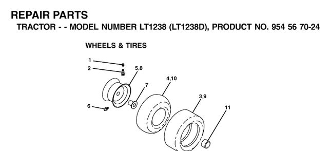 Wheels And Tires Diagram and Parts List for LT1238-LT1238D 2002-02 Husqvarna Lawn Tractor
