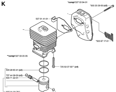 Cylinder, Piston And Muffler Diagram and Parts List for 323HE3 20050600001-20053600000 Husqvarna Hedge Trimmer