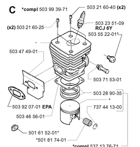 Cylinder Piston Diagram and Parts List for 395XP/ (XPG)(20010100001-20034000000) Husqvarna Chainsaw