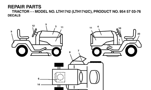 Decals Diagram and Parts List for LTH1742-LTH1742C 2003-02 Husqvarna Lawn Tractor