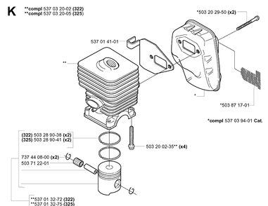 Cylinder Piston Diagram and Parts List for 322E 20010100001-Current Husqvarna Edger
