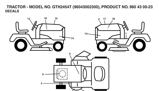 Decals Diagram and Parts List for GTH2454T (96043002300)(2006-03) Husqvarna Lawn Tractor