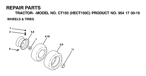 Wheels And Tires Diagram and Parts List for CT150 (954170019-C)(2001-01) Husqvarna Lawn Tractor