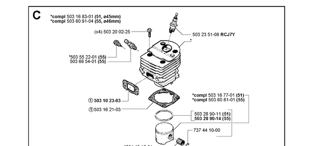 Cylinder Piston Diagram and Parts List for 51 19982300001-20001900000 Husqvarna Chainsaw