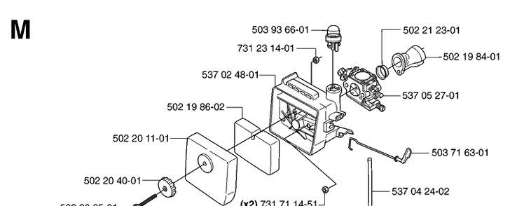 Carburetor And Air Filter Diagram and Parts List for 235RII  Husqvarna Brush Cutter