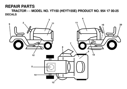Decals Diagram and Parts List for YT150 (954170025-E)(2000-03) Husqvarna Lawn Tractor