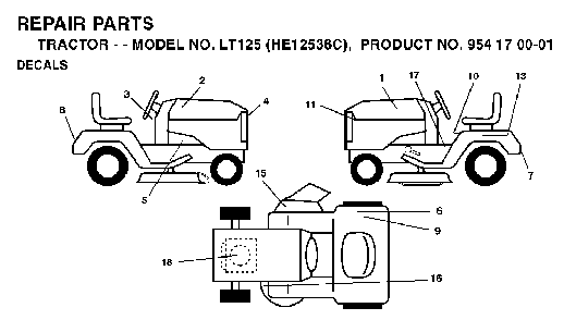 Decals Diagram and Parts List for LT125 (HE12536C, 954170001)(1996-01) Husqvarna Lawn Tractor