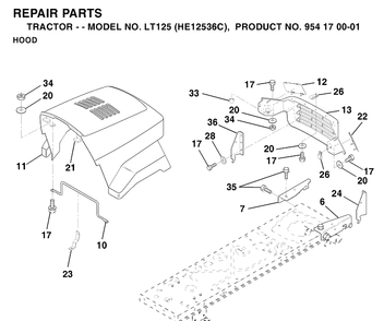 Hood Diagram and Parts List for LT125 (HE12536C)(1996-01) Husqvarna Lawn Tractor