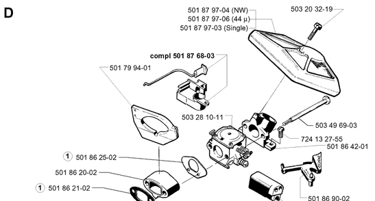 Carburetor And Air Filter Diagram and Parts List for 254 19980900001-19992300000 Husqvarna Chainsaw