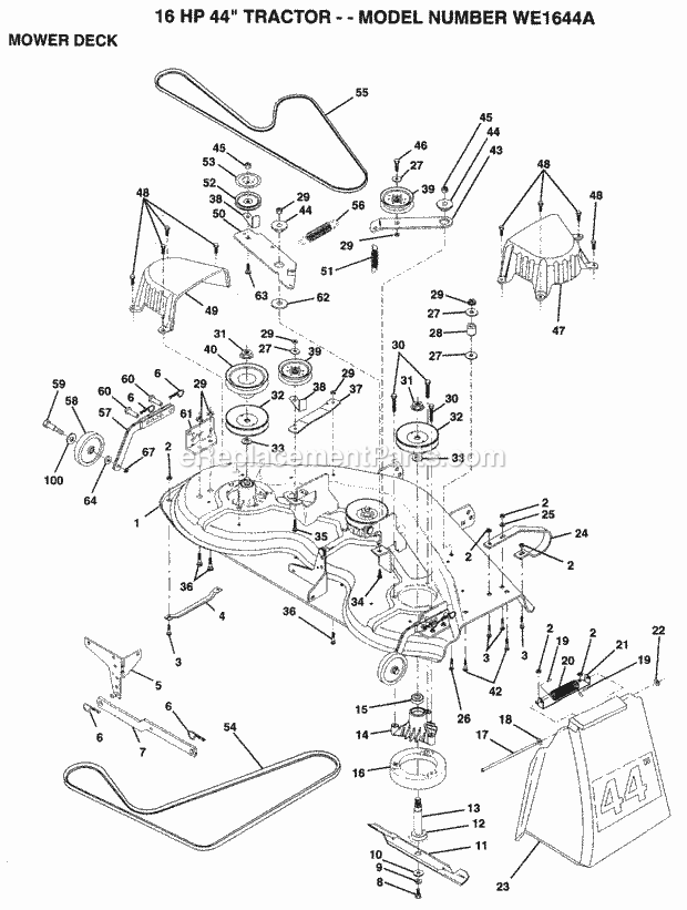 Mower Deck Diagram and Parts List for WE1644A 1994 Husqvarna Lawn Tractor