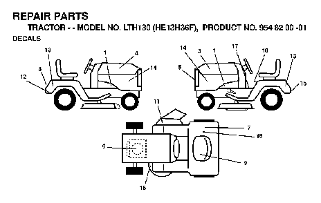 Decals Diagram and Parts List for LTH130 (HE13H36F, 954820001)(1998-12) Husqvarna Lawn Tractor
