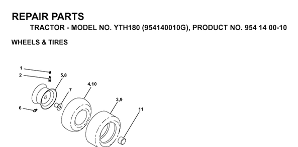 Wheels And Tires Diagram and Parts List for YTH180 (954140010G)(1998-10) Husqvarna Lawn Tractor