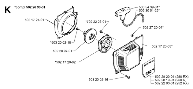 Starter Diagram and Parts List for 250RX 19973100001 & Above Husqvarna Trimmer
