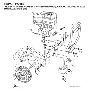Mainframe, Right Side Diagram and Parts List for CRT81 (96091000301)(2005-10) Husqvarna Cultivator