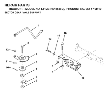 Sector Gear / Axle Support Diagram and Parts List for LT125 (HE12536D)(1998-12) Husqvarna Lawn Tractor