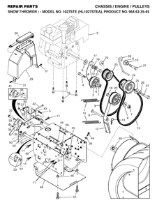 Chassis, Engine And Pulleys Diagram and Parts List for 1027STE (954633545-A)(2004-03) Husqvarna Snow Blower