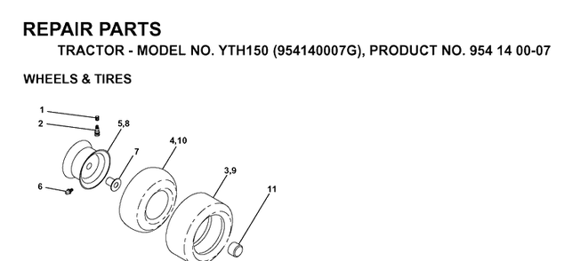 Wheels And Tires Diagram and Parts List for YTH150 (954140007G)(1998-09) Husqvarna Lawn Tractor