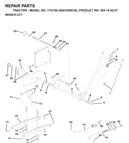 Mower Lift / Deck Lift Diagram and Parts List for YTH150 (954140007A)(1997-01) Husqvarna Lawn Tractor