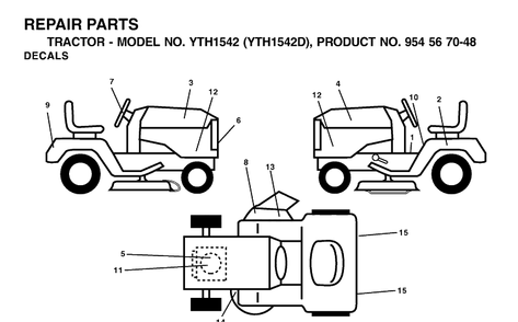 Decals Diagram and Parts List for YTH1542 (954567048)(2001-11) Husqvarna Lawn Tractor