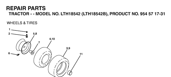 Wheels And Tires Diagram and Parts List for LTH18542-LTH18542B 2004-03 Husqvarna Lawn Tractor