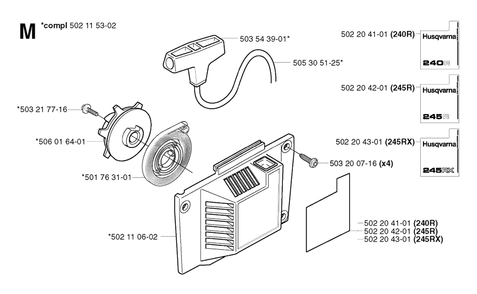 Starter Diagram and Parts List for 245RX 20023100001 & Above Husqvarna Trimmer