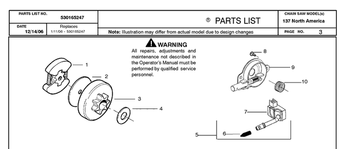 Clutch And Oil Pump Diagram and Parts List for 137 20064900001-20070100000 Husqvarna Chainsaw