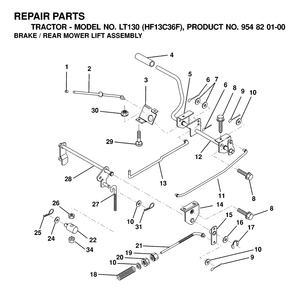 Brake / Rear Mower Lift Diagram and Parts List for LT130 (954820100-F)(2000-03) Husqvarna Lawn Tractor